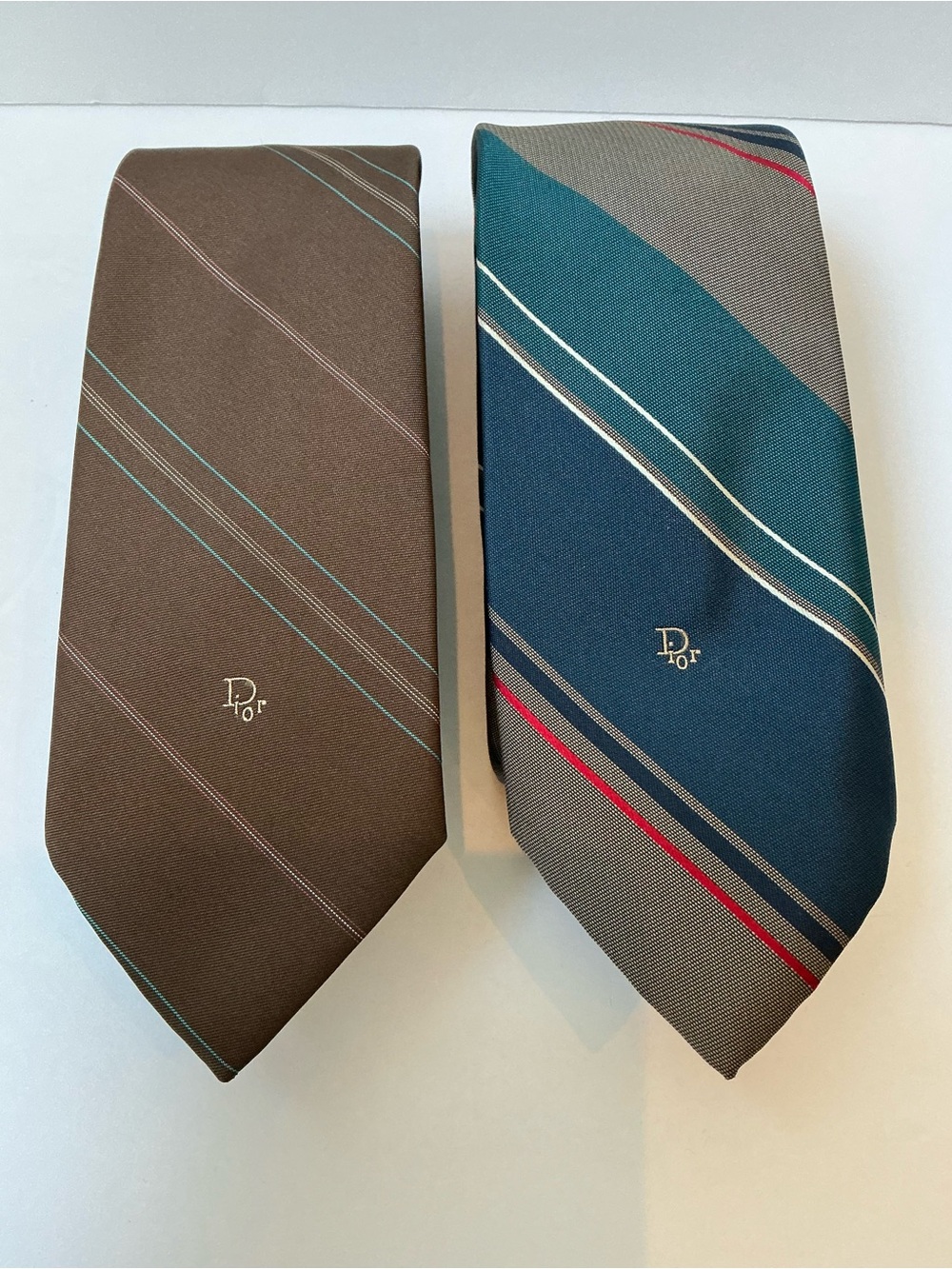 Vintage Christian Dior Men's Striped Silk Woven Logo Tie, Blue and Brown, lot-2